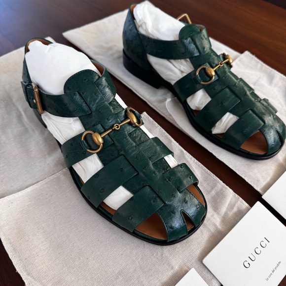 Gucci Exotics Men’s Emerald Green Ostrich Leather Fisherman Sandals Size 10 NWT - Picture 16 of 16